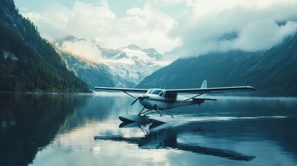 Seaplane landing on mountain lake, scenic alps background, travel adventure