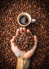 Hot Espresso with Rich Crema and Coffee Beans
