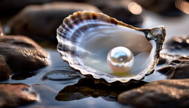Open oyster shell with a perfect round pearl resting inside, surrounded by water and smooth stones