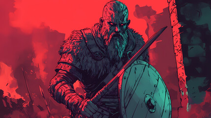The viking dead draugr came out of the crypt to fight against the treasure seekers, he has two axes and heavy armor. digital drawing style, 2d illustration. Warlords Dagger. Illustration