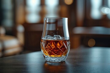 Closeup of Blurred Scotch in Tumbler Highlighting Amber Spirits in Serene Indoor Setting