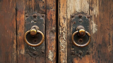 Fototapeta premium Antique Wooden Door with Ornate Brass Door Handles