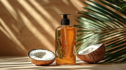   A coconut cut in half sits next to a bottle of lotion