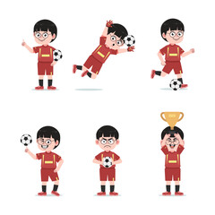 Cute Chinese Boy with Glasses cartoon Character Playing Football