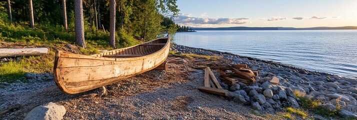 Wooden Canoe Calm Water Rocky Shoreline Nature Landscape