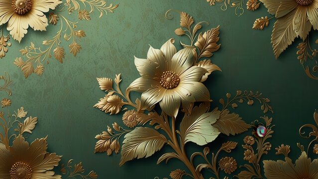Fototapeta Luxurious Green Vintage Wallpaper with Gold Blooms