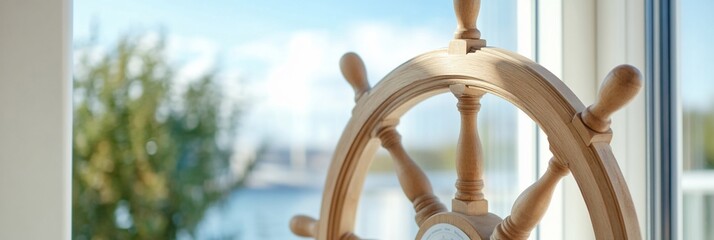 Wooden Ship Wheel Harbor View Coastal Decor