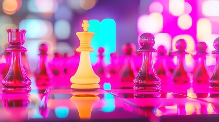 Futuristic chessboard with a single dominant glowing king piece monopoly vs multiple smaller glowing pieces competition symbolizing market dynamics