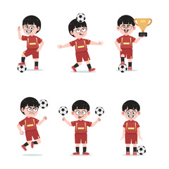 Cute Chinese Boy with Glasses cartoon Character Playing Football