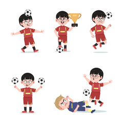 Cute Chinese Boy with Glasses cartoon Character Playing Football