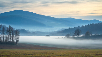 Fototapeta premium Serene misty landscape with rolling hills at dawn, showcasing tranquil nature and soft light