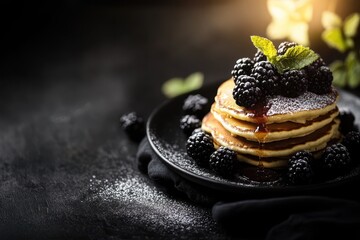 Delicious pancakes with blackberries and mint on dark background