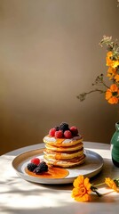 Delicious pancakes with berries and syrup on sunny morning