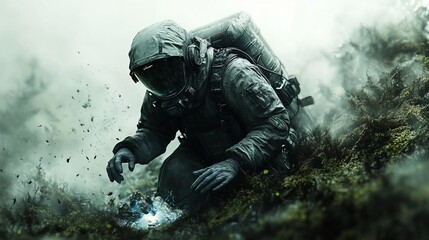 Fototapeta premium Post Apocalyptic Hazmat Explorer in Smoky Landscape