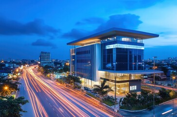 Obraz premium Modern commercial building with city traffic during the evening twilight
