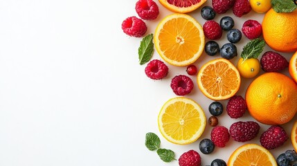   Oranges, Raspberries, Blueberries on a White Background