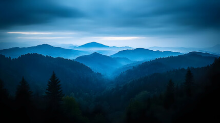 Obraz premium Blue Mountain Range With Dense Forest And Cloudy Sky Displaying Dramatic Scenery