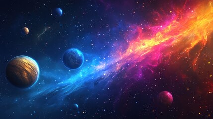 Colorful cosmic scene featuring planets and a vibrant nebula in space