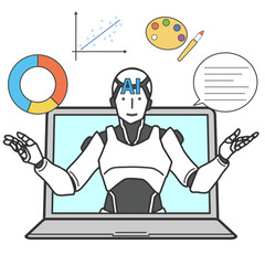 パソコンから飛び出て生成を提案するAIロボット