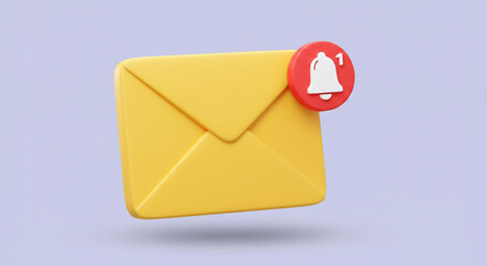 A cheerful yellow email envelope awaits, a single notification bell rings, signaling exciting news in a minimalist 3D design.