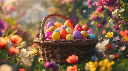 Colorful Easter Eggs in Woven Basket Surrounded by Flowerfield