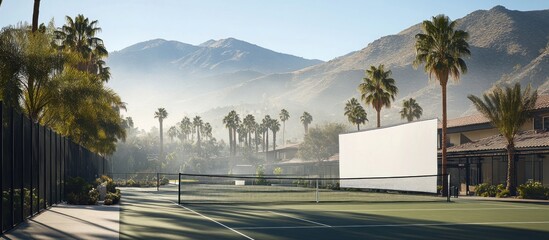 A tennis court with a screen and mountains in the background