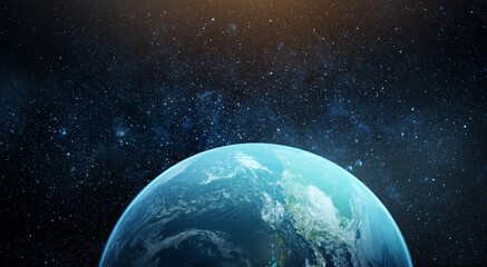  View of the Earth, star and galaxy. Sunrise over planet Earth, view from space. Concept on the...
