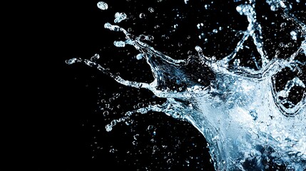   A close-up of a water splash on a black background with a droplet of water emerging from its peak