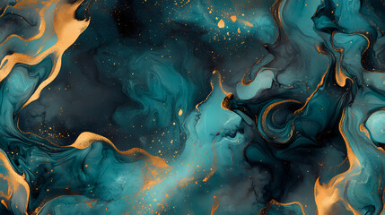 Ethereal nebula of turquoise and gold smoke tendrils dancing against obsidian backdrop creating cosmic patterns with dramatic lighting and mystical atmosphere. Ethereal Obsidian. Illustration