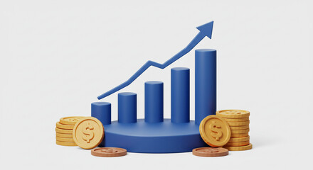 A vibrant upward trend graph showcasing financial growth and prosperity, symbolized by stacks of golden coins, with a clean, minimalist 3D design.