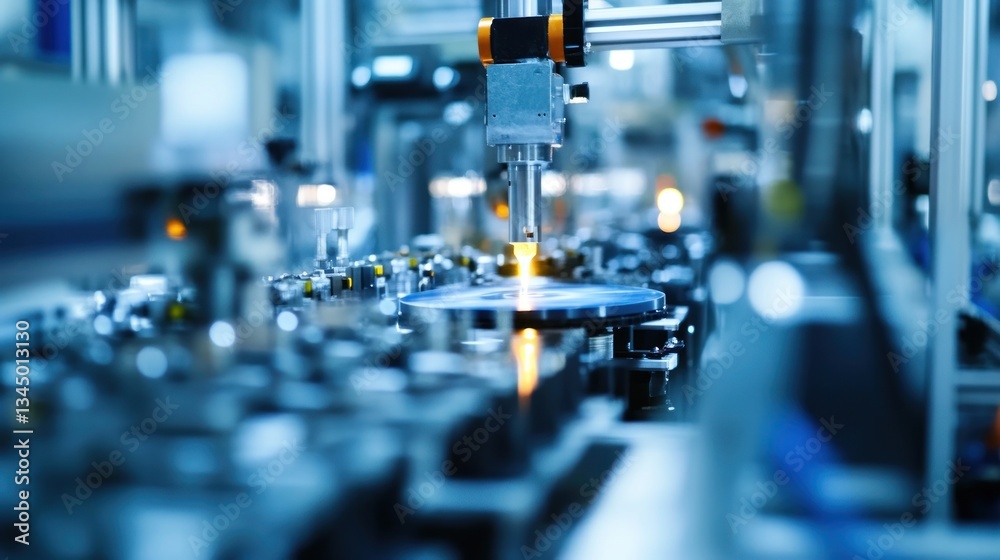 Poster automated assembly line with robotic arm precision in a factory setting