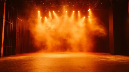 Empty stage with orange spotlights and smoke