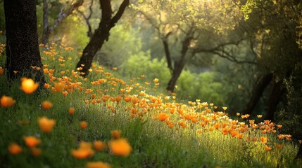 Obraz premium Vibrant Meadow with Golden Poppies and Sunlit Trees on a Spring Afternoon in Nature's Embrace