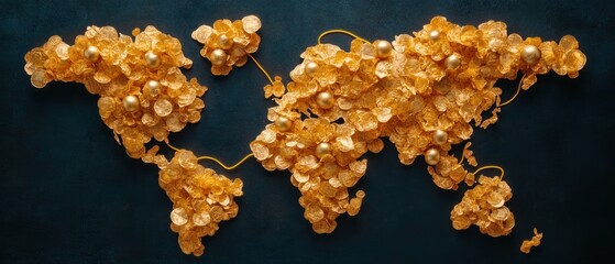 A golden map of the world with connected golden spheres