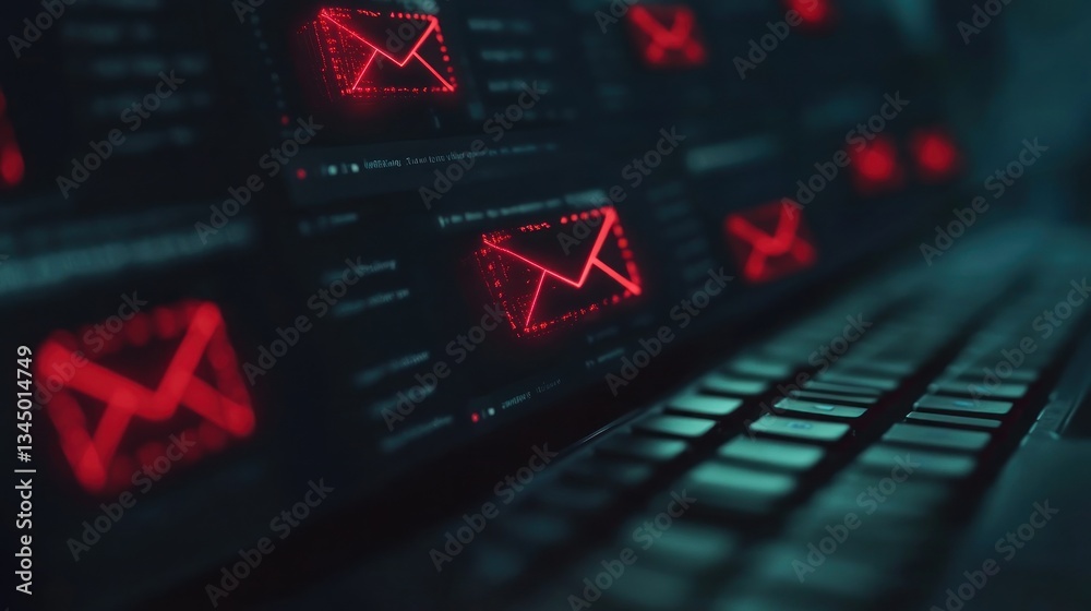 Poster cybersecurity alert with red email icons on dark computer screen