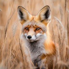 Obraz premium Serene and captivating a red fox peeking out from tall golden grass captured differently.