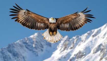 Obraz premium A powerful eagle soaring high above snowy mountain peaks with a breathtaking perspective.