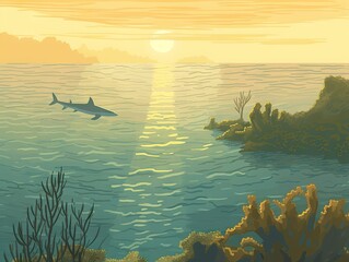 Fototapeta premium Shark at sunset over ocean coral reef