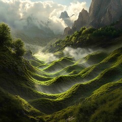 Serene Mountain Landscape with Flowing Green Hills and Mist