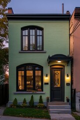 Fototapeta premium Nestled in a delightful neighborhood, this enchanting green residential house showcases contemporary design elements, particularly captivating during the serene twilight hours