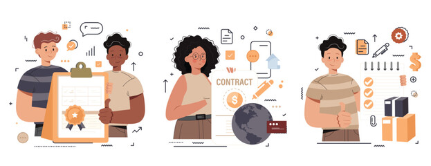 Electronic contract, sales contract terms, standard for quality control, payment terms and conditions, certification abstract metaphor. Business agreement abstract concept vector illustration set.