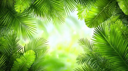   A zoomed-in image of several vibrant green foliage against a clear blue sky on a sunlit day