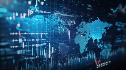 Abstract digital world map with data visualization and graphs