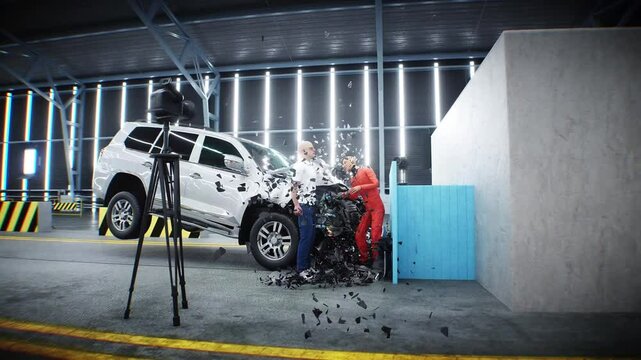 car crash test stop time. safety concept. People and crash dummy.