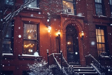 In a delightful urban neighborhood, a charming red brick building glows warmly under the soft light, creating a magical scene on a snowy night