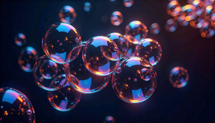 Naklejka premium Glowing iridescent bubbles float suspended in a dark, mysterious space, reflecting vibrant colors and intricate light patterns. Graphical resource for design and downstream advertisement purposes
