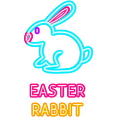 Happy Easter Rabbit Neon Label. Vector Illustration of Religious Holiday. Seasonal Greetings. Farm Bunny Animal.