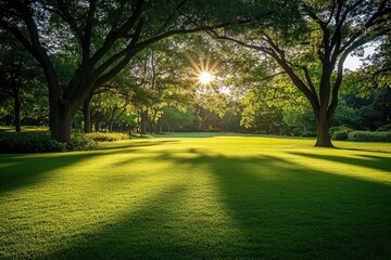 Fototapeta premium Lush parkland bathed in sunlight