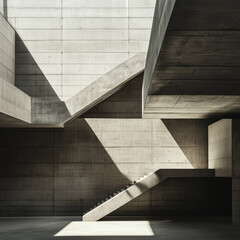 Obraz premium Brutalist concrete interior style with a play of light and shadow in a minimalist space, architectural photography