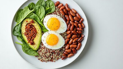   Food plate with eggs, beans, avocado, and spinach on white surface